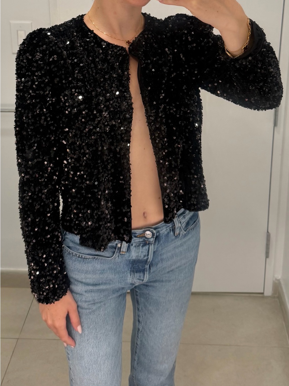 Mango Black Sequin Cropped Blazer Jacket